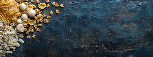 Panel kuchenny z motywem Dried pasta and cooking ingredients on dark slate background with empty space for text representing Italian cuisine healthy eating concept