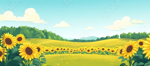Vibrant sunflower field under a sunny sky showcasing blooming yellow flowers in an agricultural landscape with space for text.