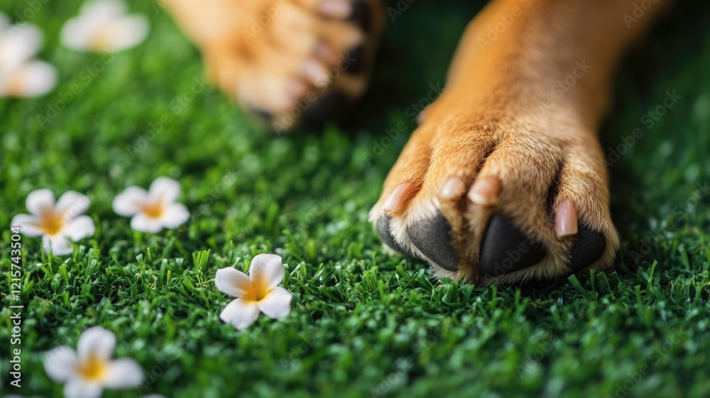 Happy puppy paw on artificial grass surrounded by flowers ideal for pet training grooming care advertisement with text space Happy puppy paw on artificial grass surrounded by flowers ideal for pet training grooming care advertisement with text space