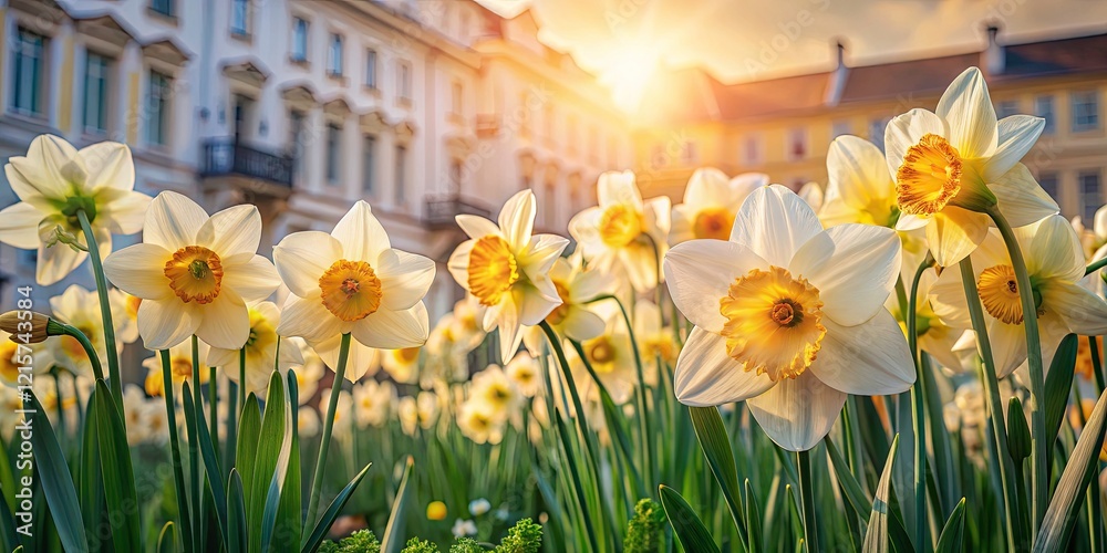 Obraz premium Spring Daffodil Bloom, Architectural Harmony, Pastel Hues, Floral Photography