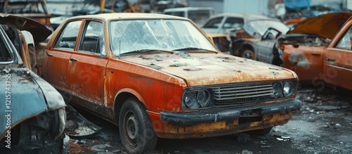 Abandoned vintage car in a junkyard showcasing rusty wrecked vehicles with space for additional text or branding elements photo