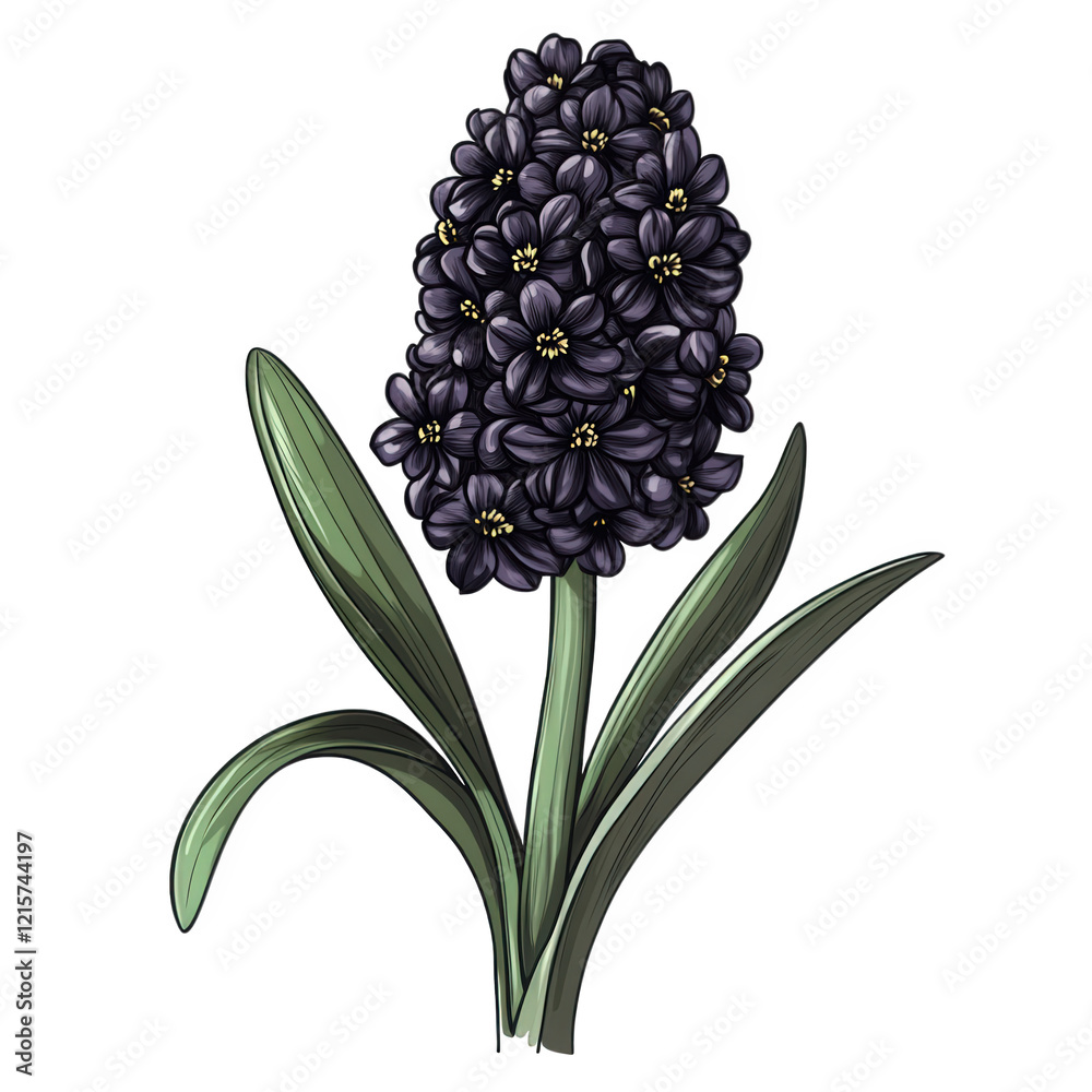 Obraz premium detailed illustration of a flowering plant. specifically a hyacinth. characterized by its dense cluster of small. dark purple flowers atop a green stem. surrounded by long. slender leaves the artwork