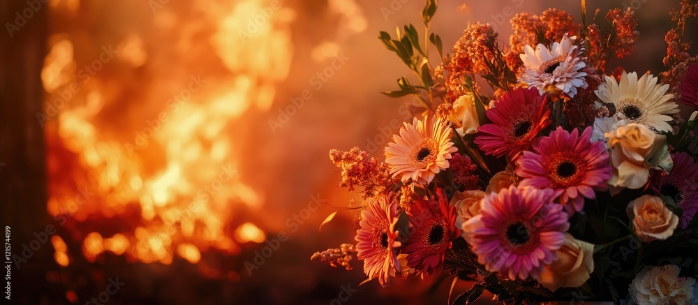 Bouquet of vibrant flowers in focus against a backdrop of a burning tree with copyspace for text highlighting nature's contrast Bouquet of vibrant flowers in focus against a backdrop of a burning tree with copyspace for text highlighting nature's contrast