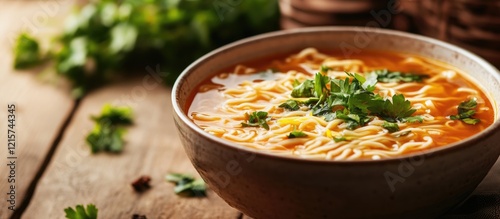 Bowl of aromatic noodle soup garnished with fresh herbs on rustic wooden surface with ample space for text or branding. photo