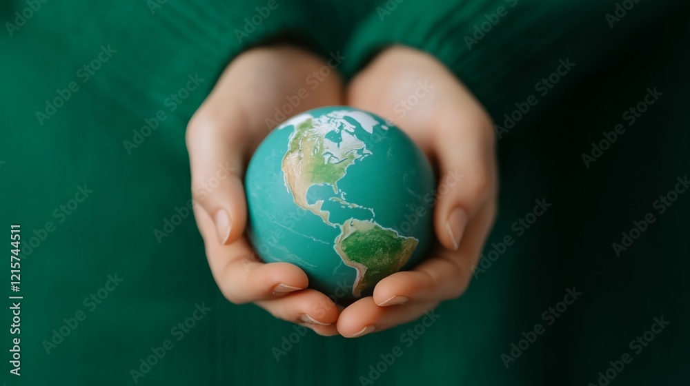 Hands holding a small model of Earth, symbolizing global care and climate protection with a green sweater backdrop. Hands holding a small model of Earth, symbolizing global care and climate protection with a green sweater backdrop.