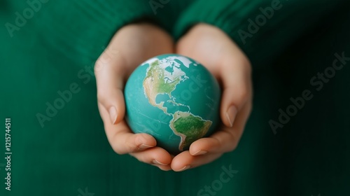 Obraz na płótnie Hands holding a small model of Earth, symbolizing global care and climate protection with a green sweater backdrop. w salonie