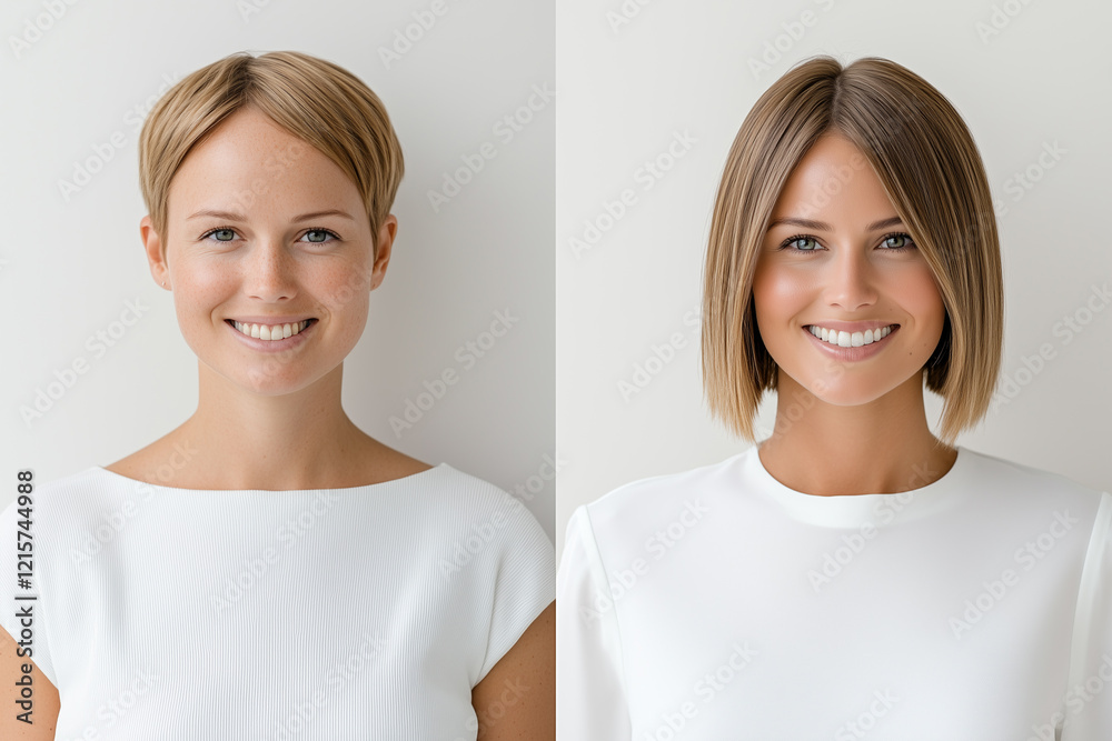 Transformation of a woman’s haircut from a short pixie style to a sleek medium-length bob. Modern and chic evolution. Transformation of a woman’s haircut from a short pixie style to a sleek medium-length bob. Modern and chic evolution.