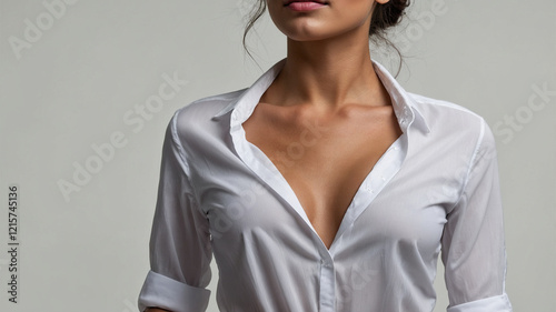 Seductive Style: Woman in Open White Shirt Against Grey Background