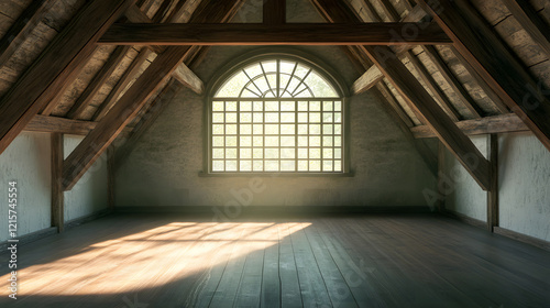 Spacious attic with high ceilings and natural light filtering in through windows.