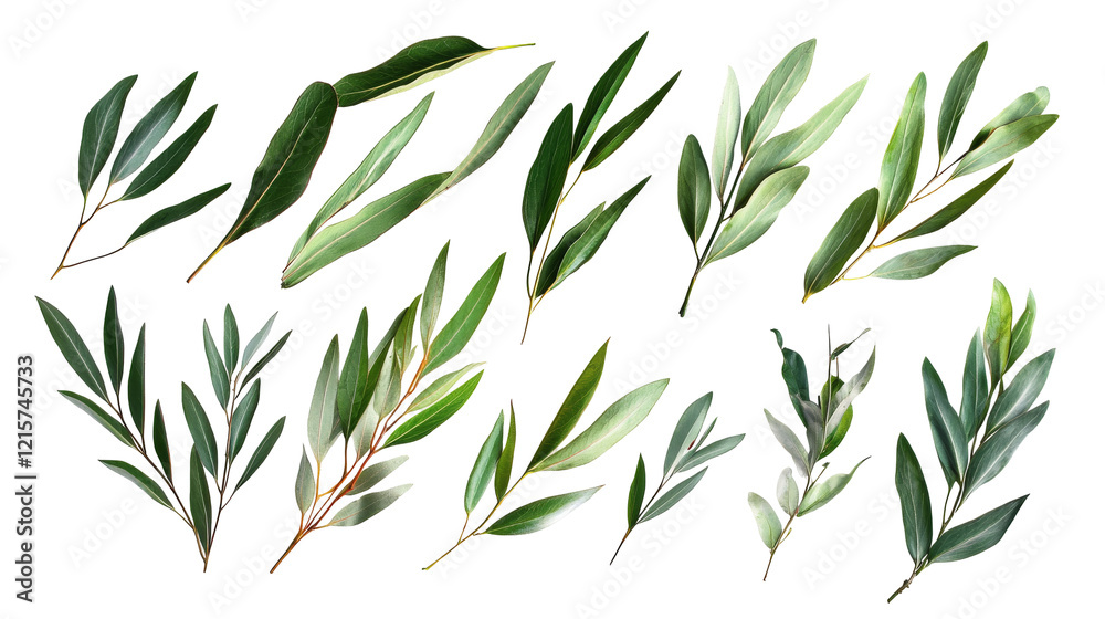 Naklejka premium Collection of various green leaves showcasing diverse shapes and textures for botanical studies and design inspiration on transparency background