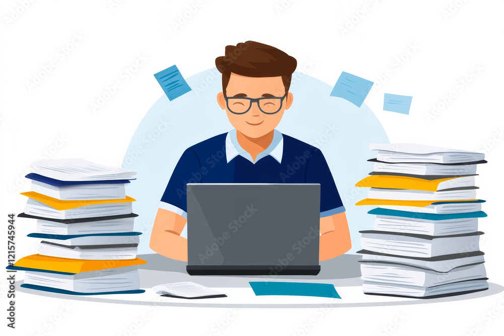 Man working on laptop surrounded by books and papers Man working on laptop surrounded by books and papers