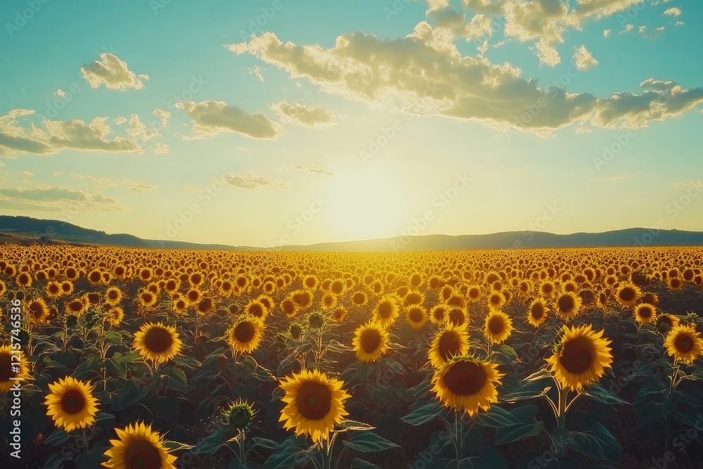 Fototapeta premium Stunning Sunflower Field Sunset Landscape Photo