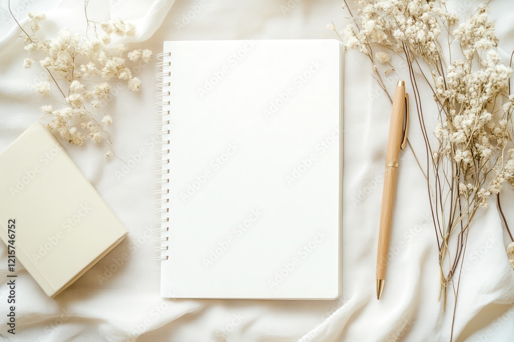 Blank notebook and pen surrounded by dried flowers on a soft fabric background for creative inspiration, mockup concept Blank notebook and pen surrounded by dried flowers on a soft fabric background for creative inspiration, mockup concept