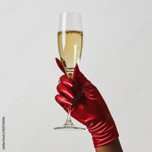 Elegant Red Gloved Hand Holding a Champagne Glass for Festive Occasions
