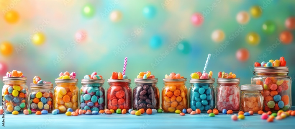 Naklejka premium Colorful birthday candy bar display with jars of sweets and vibrant background suitable for party invitations or promotional materials