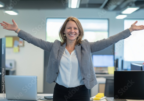 Young successful woman in the office smiling and holding her arms raised and spread wide