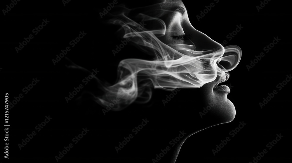 ethereal double exposure portrait merging human face with abstract smoke tendrils high contrast black and white photography ethereal double exposure portrait merging human face with abstract smoke tendrils high contrast black and white photography