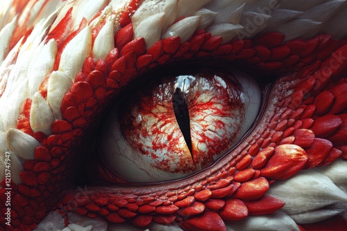 Close-up view of a dragon's eye highlighting intricate scales and fiery colors