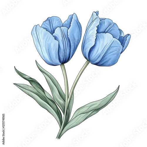 two blue tulips with delicate petals and green leaves. showcasing the beauty of nature and floral design it serves as an illustration that can be used for various purposes such as decoration. greeting