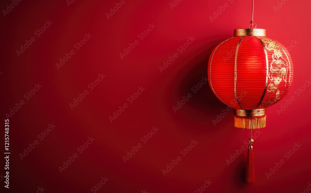 Red Chinese Lantern Hanging Against Red Background Red Chinese Lantern Hanging Against Red Background