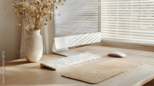 Sunlight streams into a minimalist workspace, illuminating a desktop computer, keyboard, mouse, and a vase of dried flowers.