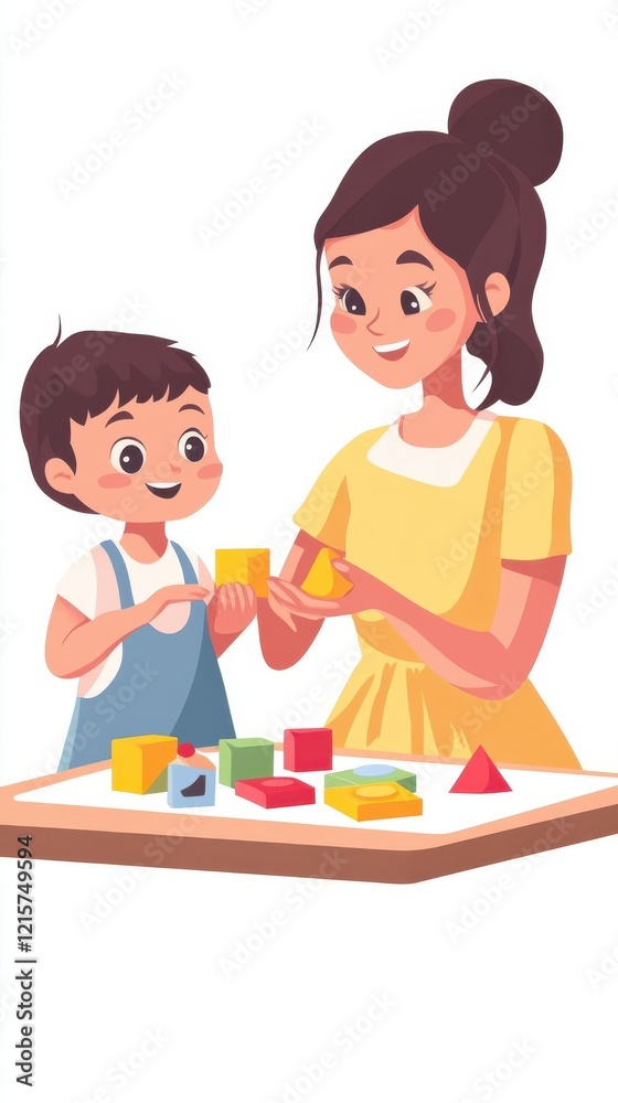 Woman and Child Playing with Colorful Blocks Together Woman and Child Playing with Colorful Blocks Together