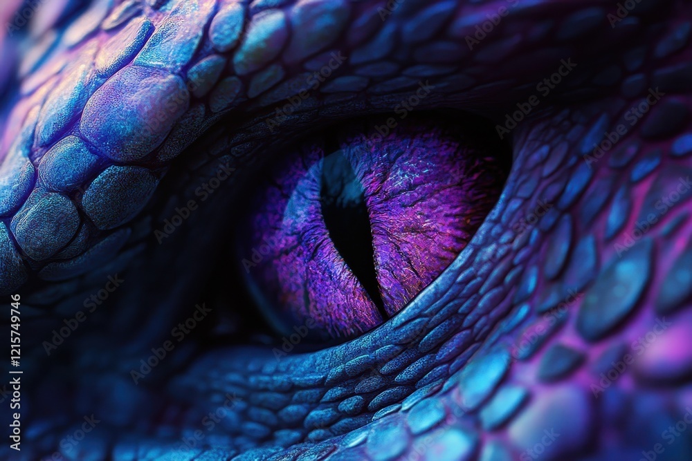 Obraz premium Close-up view of a dragon's eye highlighting intricate scales and fiery colors