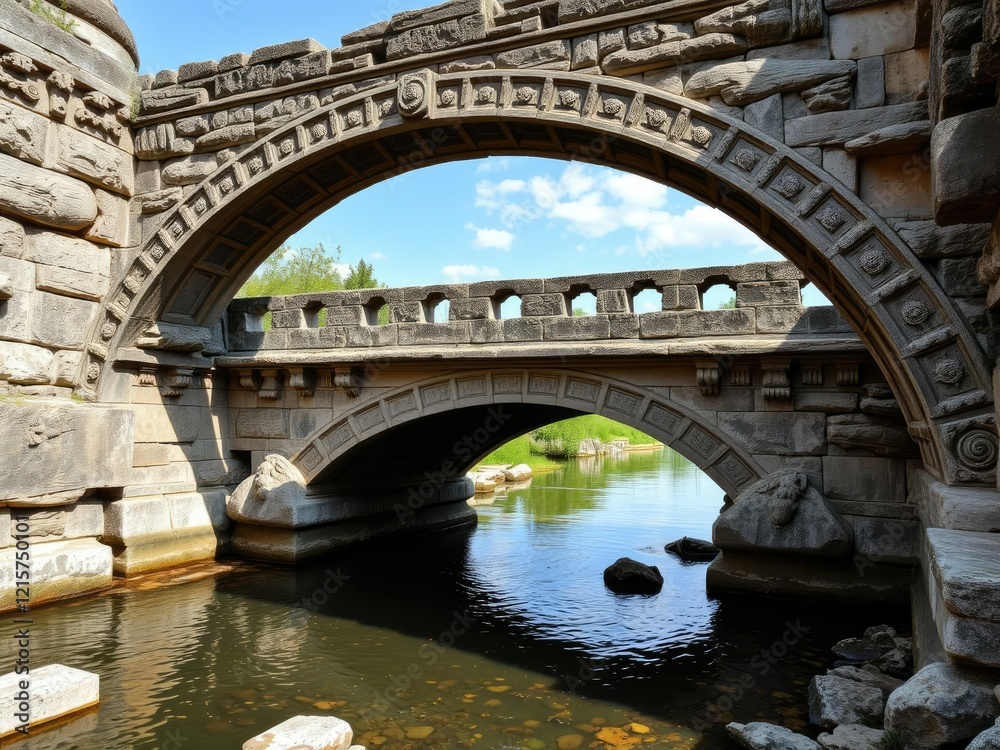 Ancient stone bridge with intricate carvings spanning a river, landscape, ancient Ancient stone bridge with intricate carvings spanning a river, landscape, ancient