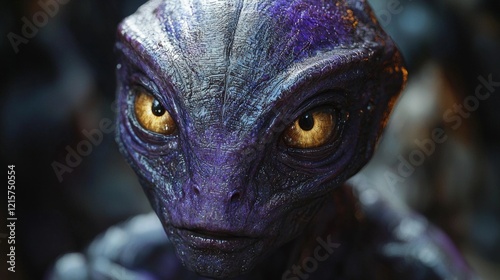 Detailed close-up of a purple alien with golden eyes