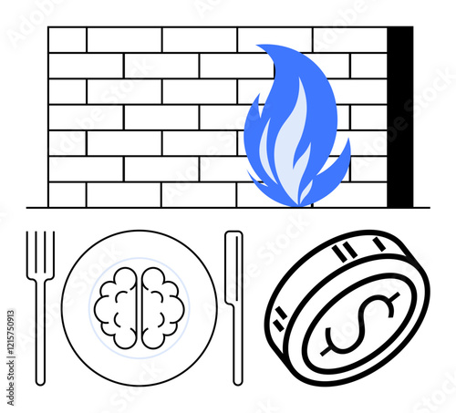 Brick firewall blocks blue flame. Below, brain on plate with cutlery and dollar coin. Ideal for cybersecurity, protection, finance, technology, innovation security investment. Line metaphor photo