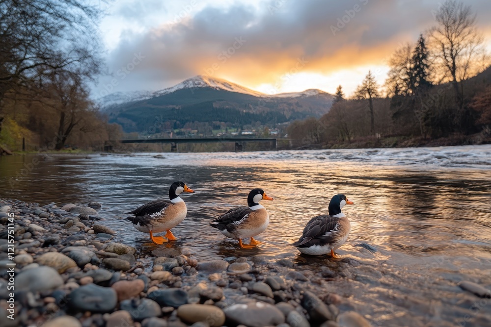 Naklejka premium Three Ducks Walking Along a Tranquil Riverbank at Sunset with Majestic Mountains in the Background Reflecting Serenity and Natural Beauty