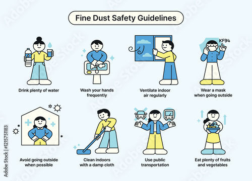 Cute characters are providing health guidance on days with high levels of fine dust. Manual, guide, and instruction poster concept.