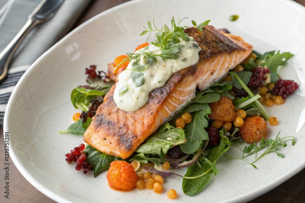 Arctic char fillet placed atop a bed of mixed greens with a dollop of creamy sauce and garnished with fresh herbs and cloudberries, arctic char, food styling, nutritious food, greens, healthy meal Arctic char fillet placed atop a bed of mixed greens with a dollop of creamy sauce and garnished with fresh herbs and cloudberries, arctic char, food styling, nutritious food, greens, healthy meal