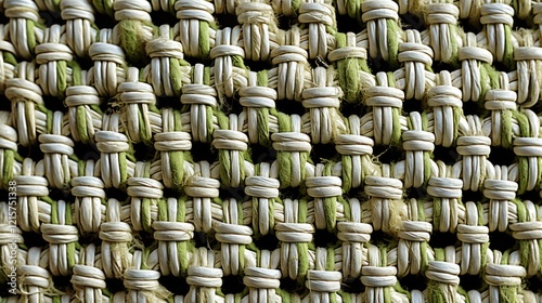 Close-Up of Woven Fabric Texture with Green and Beige Threads, Detailed Macro Shot of Textile Weaving Pattern, High-Resolution Fabric Structure, Natural Fiber Material