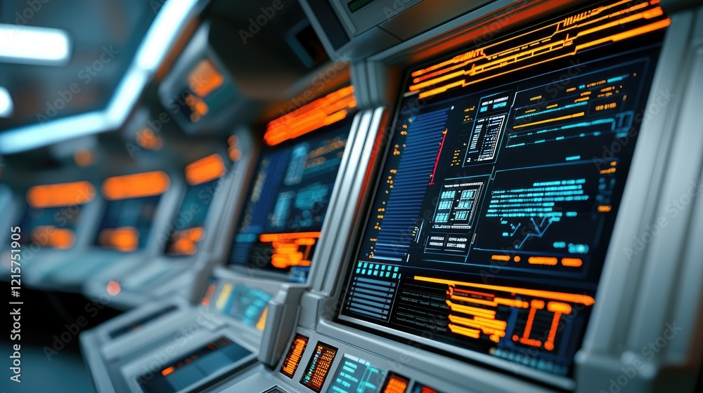 Fototapeta premium A futuristic control panel displays bright screens with data and graphics, showcasing a high-tech environment for monitoring and analysis.
