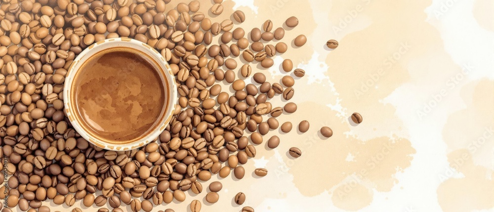 Naklejka premium Artistic composition of coffee and beans painted with watercolors, caffeine, elegant