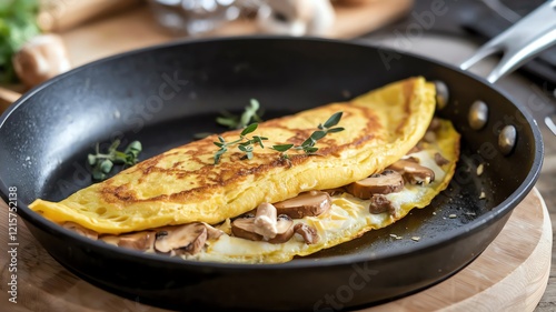 A delicious omelette filled with mushrooms, cooked to perfection in a skillet, garnished with fresh thyme. Perfect for breakfast or brunch lovers seeking tasty meal ideas. photo