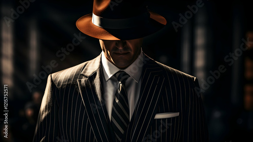 Stylish Man in Pinstriped Suit and Fedora, Evoking 1920s Style