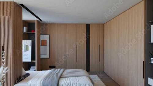 Modern bedroom interior with wooden walls, zooming out to reveal a stylish and cozy design in 4K ultra HD video. photo