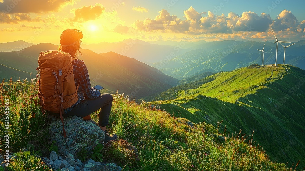 Fototapeta premium Woman Backpacker Enjoying Sunset Mountain View