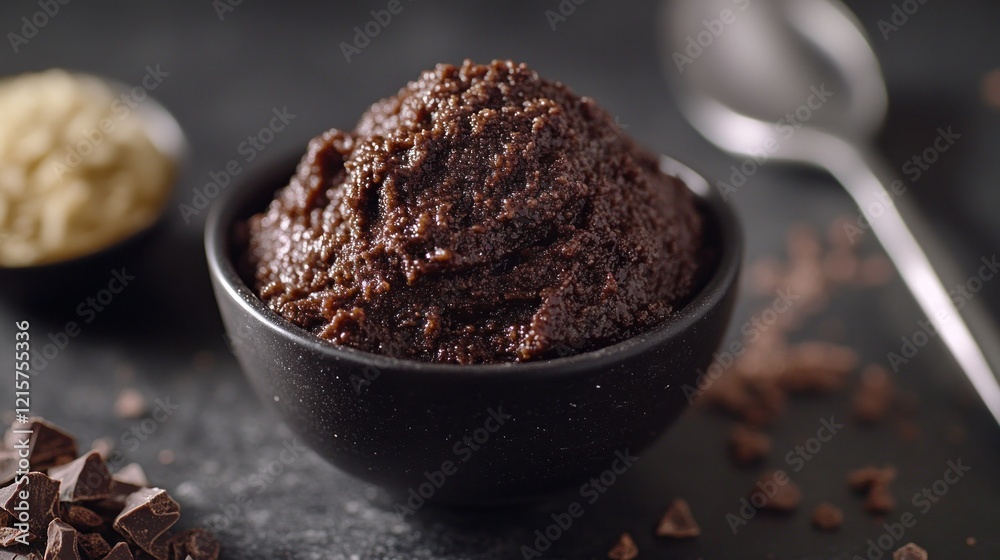 Chocolate spread in bowl, dark background, recipe ingredients Chocolate spread in bowl, dark background, recipe ingredients