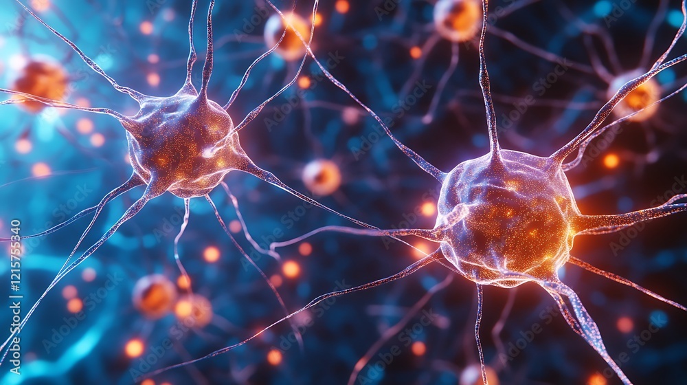 Microscopic view of neurons connecting. Microscopic view of neurons connecting.