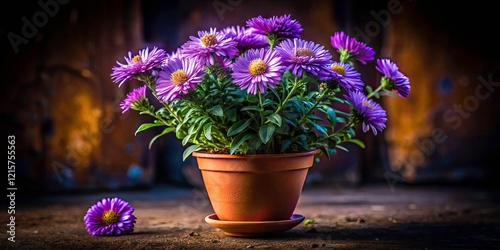 Low Light Aster Amellus Photography: Stunning Potted Purple Starwort Blooms in Darkness photo