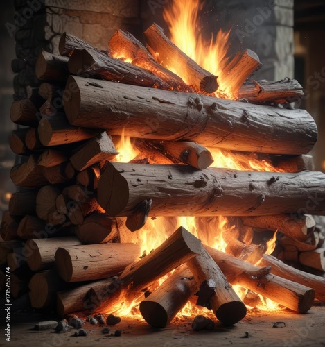 Blazing inferno engulfing logs in a large fireplace, engulfing, fire