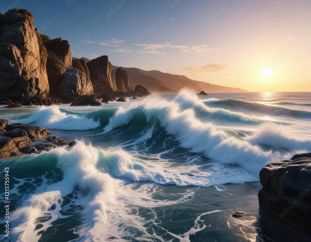 Blue and white ocean waves crashing against a rocky shoreline at sunrise , beach, sunrise Blue and white ocean waves crashing against a rocky shoreline at sunrise , beach, sunrise