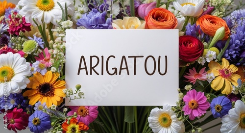 arigatou lettering on plain white card on bouquet of flowers background photo