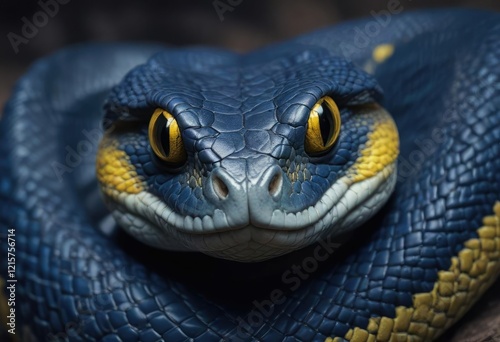 Blue viper snake with striking yellow eyes closeup, blue, wildlife