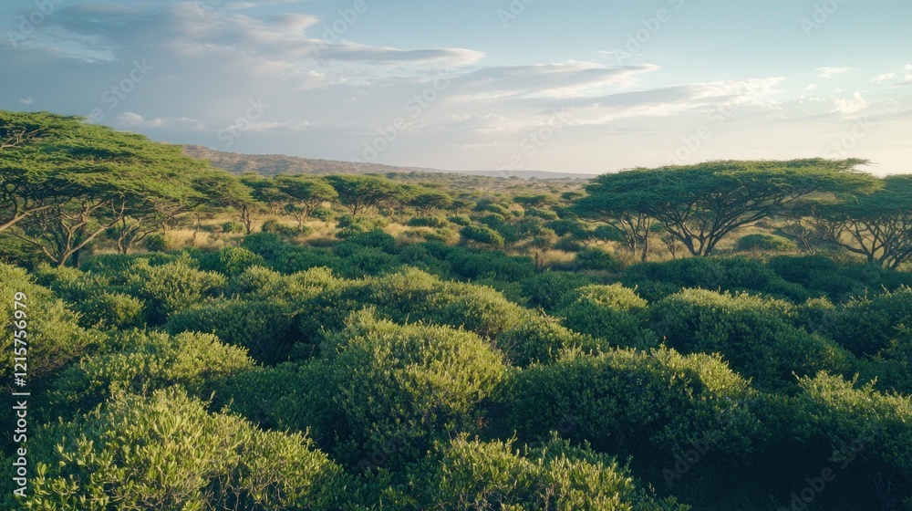 Obraz premium Serene African Savannah at Sunset: A Breathtaking Aerial View