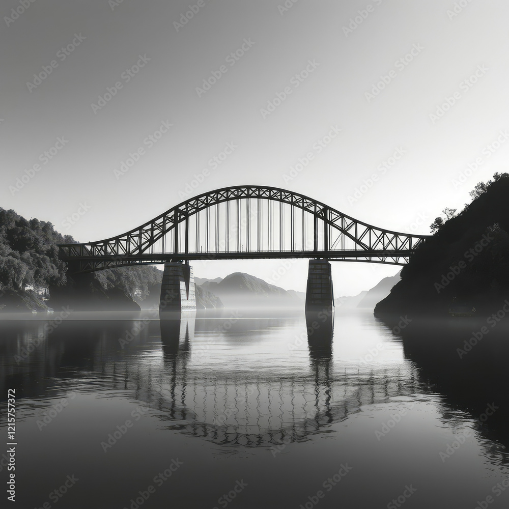 Naklejka premium bridge over river in black and white landscape, outdoor scene, monochrome image, river view, water reflection, serene atmosphere