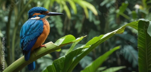 Brilliant blue kingfisher perched on banana tree leaf, Cape Verde, banana tree